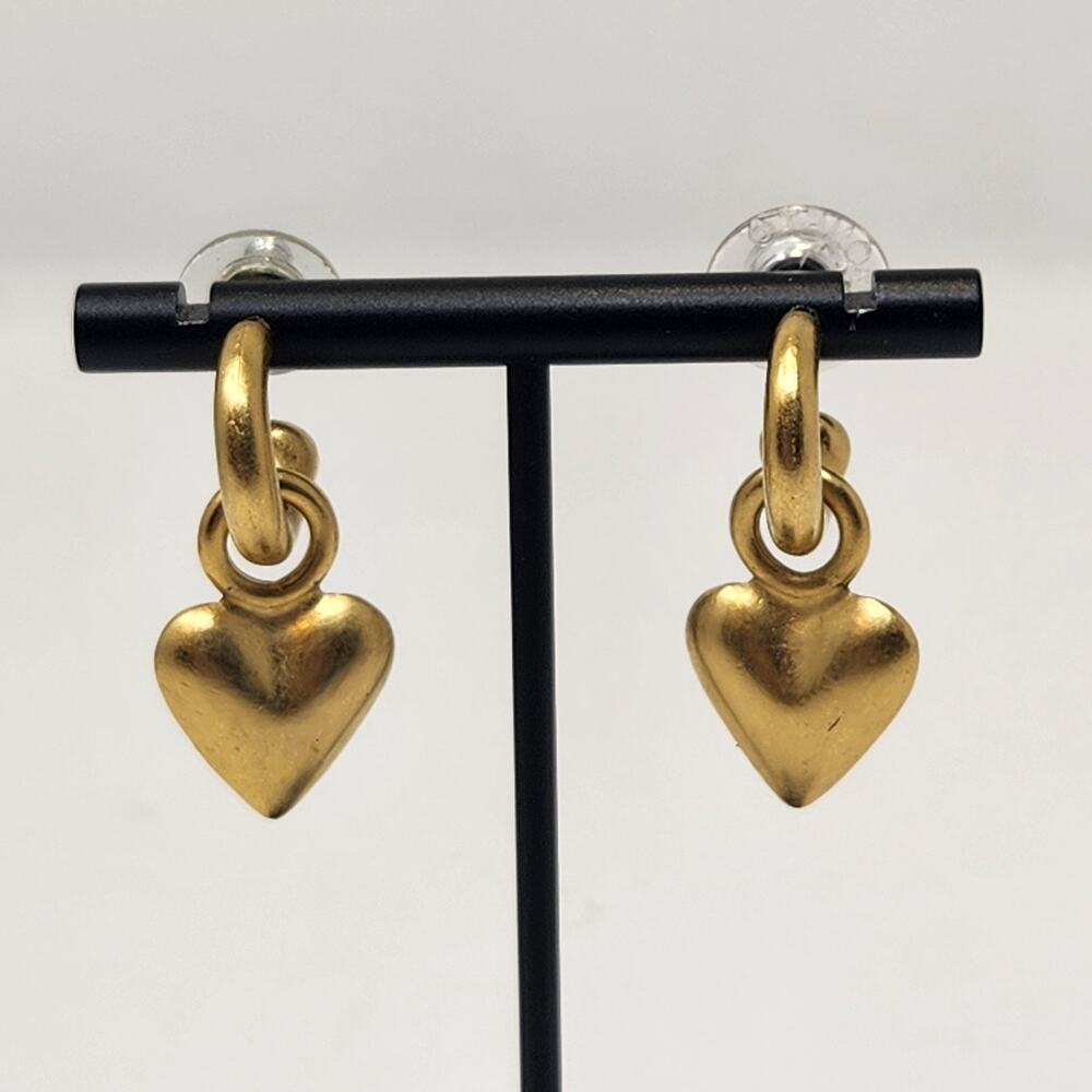 Brushed Gold Tone Dangle Puffy Heart Loop Post Earrings Fashion Jewelry Casual
